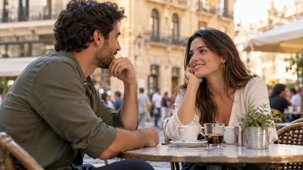 Dos adultos conversando en la terraza de una cafetería.