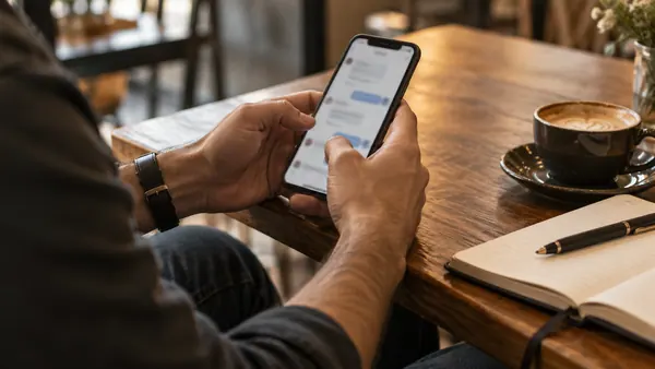 Manos de un adulto utilizando un teléfono con mensajes desenfocados.