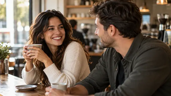 Dos adultos compartiendo una conversación junto a una barra de café.
