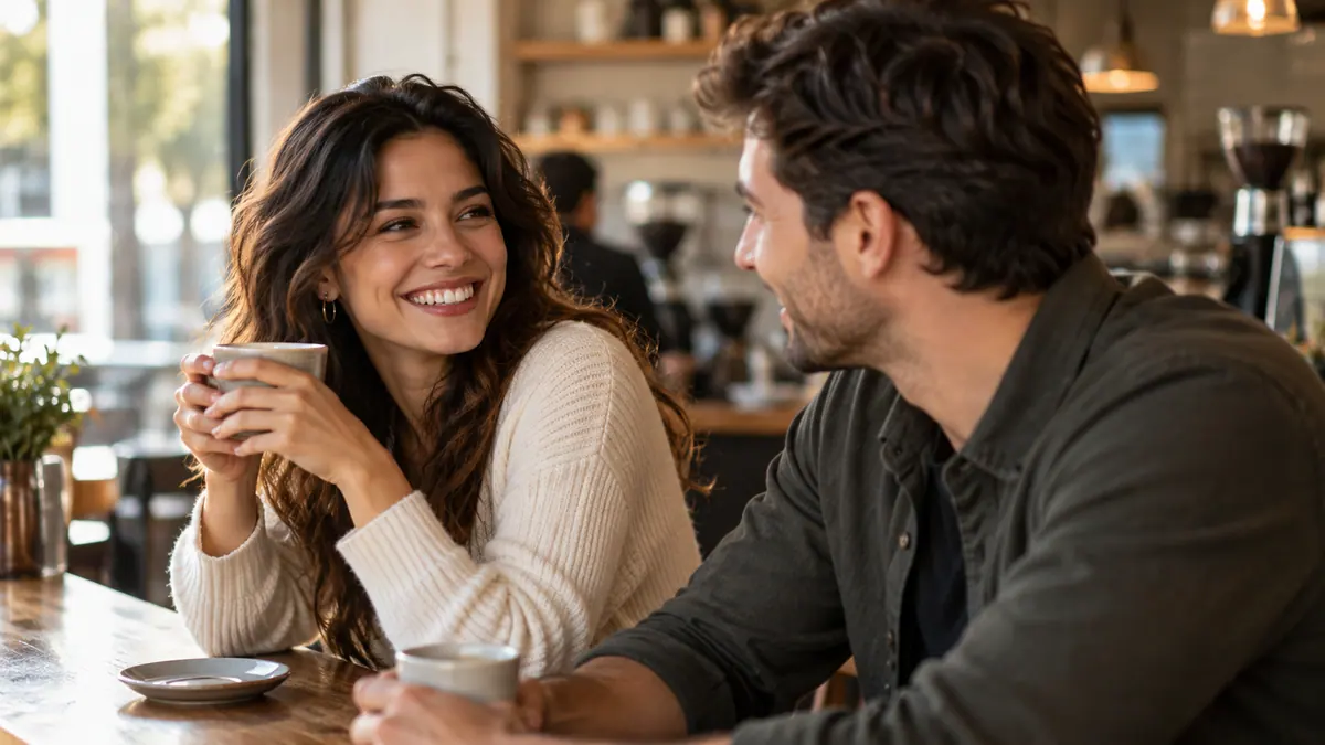 Dos adultos compartiendo una conversación junto a una barra de café.