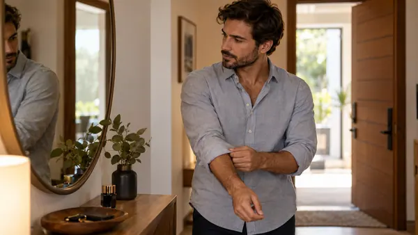 Un hombre adulto ajustándose la manga antes de salir.