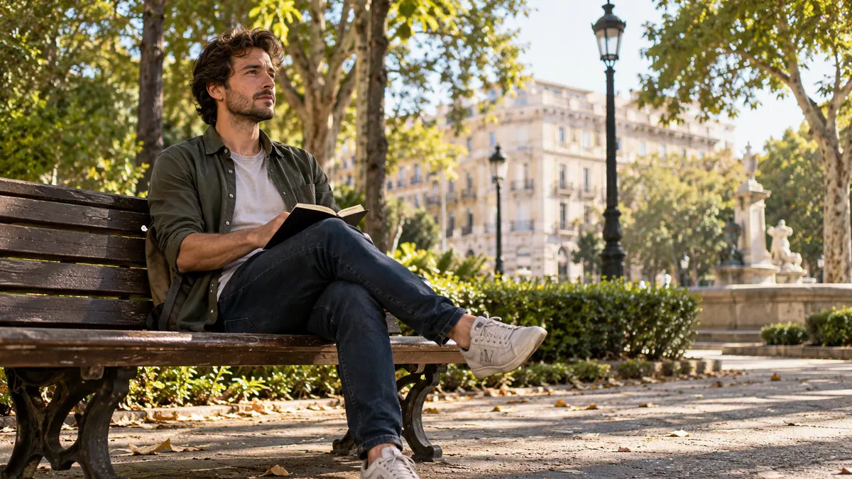Un hombre adulto reflexionando con un cuaderno en un parque urbano.