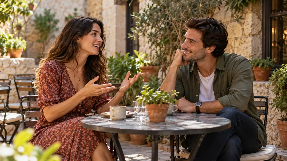 Dos adultos conversando en una mesa de un patio al aire libre.