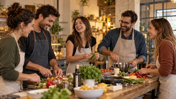 Un grupo de adultos conversando durante un taller de cocina.
