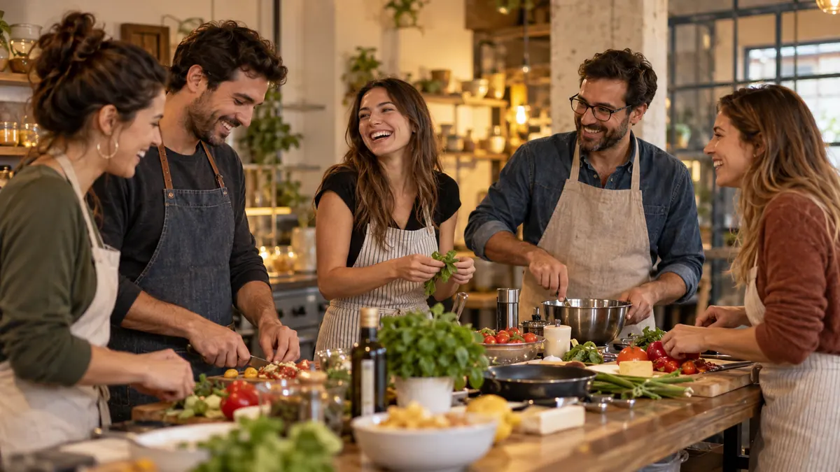 Un grupo de adultos conversando durante un taller de cocina.