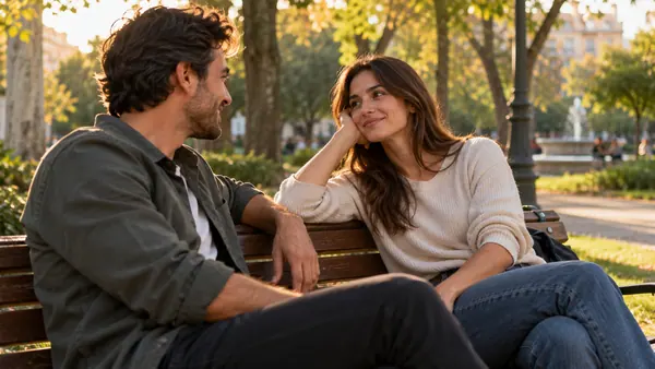 Dos adultos compartiendo una pausa tranquila en un banco de un parque.
