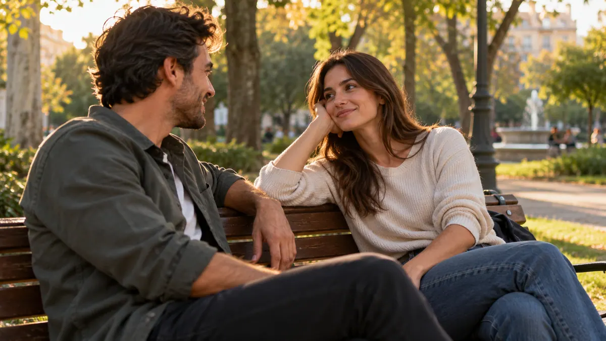 Dos adultos compartiendo una pausa tranquila en un banco de un parque.