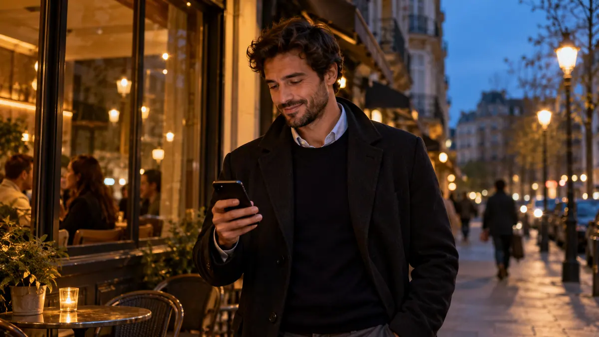 Un hombre adulto mirando el teléfono al salir de una cafetería al anochecer.