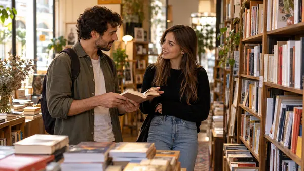Dos adultos comentando un libro en una librería.